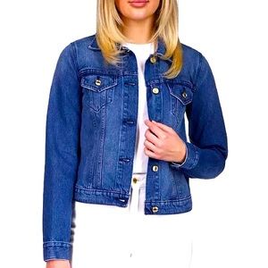 Michael Kors blue, denim jacket with gold buttons.